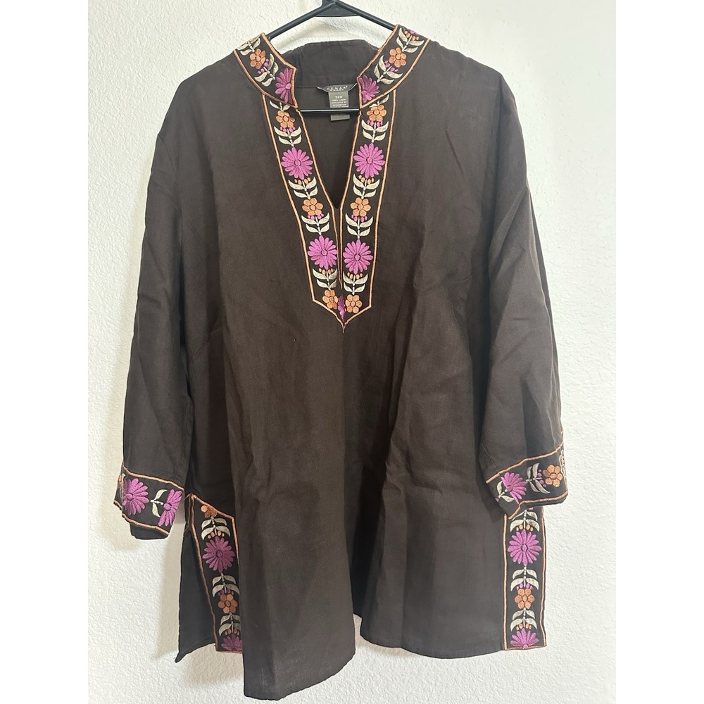 Kenar woman plus brown embroidered 100% Linen blouse tunic top slits 24W Cottage